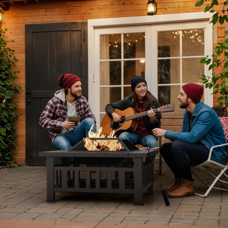 Devoko Outdoor 32" Square Metal Fire Pit with Cover and Poker, Matte Black
