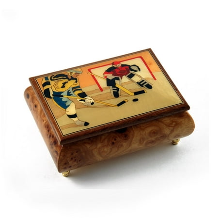 Sports Theme Wood Inlay: Hockey - Collectible 18 Note Musical Jewelry Box - Love is Blue (L'amour est Bleu) - SWISS