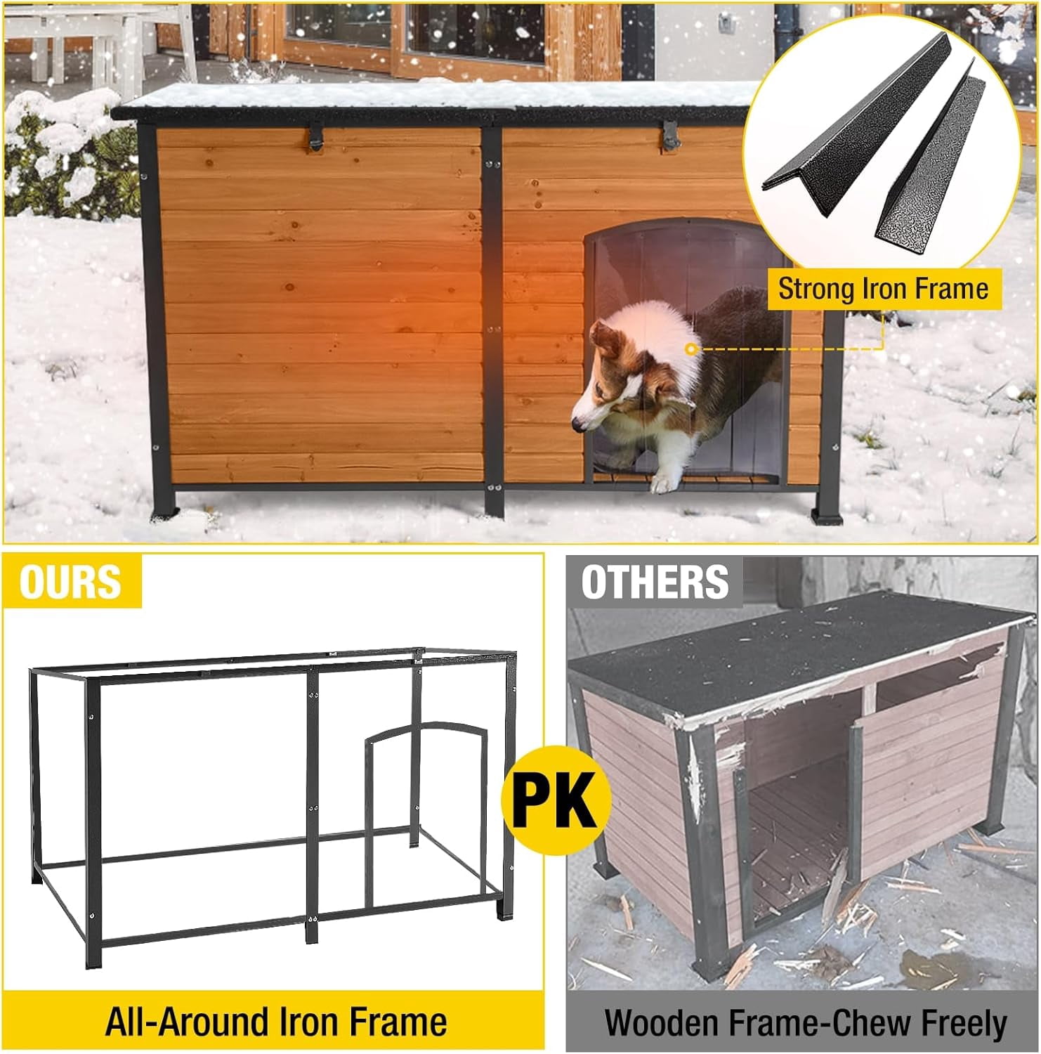 Aivituvin 59.1" Large Insulated Dog House for Winter Outdoor Weatherproof Kennel All-Around Iron Frame, Brown