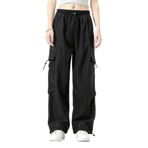 Hvot&aat Women's Cargo Pants Casual Drawstring Jogger Solid Color Wide Leg Parachute Pants with Multiple Pockets