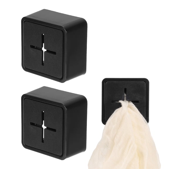 2 Pcs Push Towel Hooks, Square Adhesive Dish Towel Hook Easy Installation Wall Mount Hand Towel Holder for Kitchen, Bathroom, Hand and Dish Towels, Black