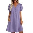 thumbnail image 2 of Women's Summer Short Sleeve Dress Women's Dresses Women Fashion Casual V-Neck Linen Pockets Dress Solid Short Sleeve Dress Purple M, 2 of 5