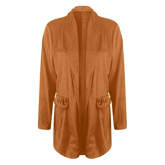 Women's Solid Long Sleeve Velvet Jacket Open Front Cardigan Coat Outerwear with Pockets Gold M