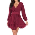 thumbnail image 2 of Aiyino Women's Dress Deep V-Neck Long Sleeve Waist Tie Ruffle Mini Swing Skater Dresses,Wine Red, 2 of 6