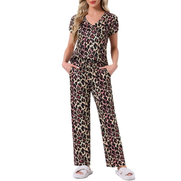 Pijamas para mujeres INSPIRE CHIC, camiseta de cuello en V de manga corta con pantalones de tiro ajustable, conjuntos de lounge impresos con bolsillos M Leopardo
