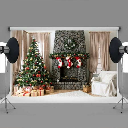 Image of HelloDecor 7x5ft Christmas backdrops Vintage fireplace sofa Christmas tree christmas backgrounds