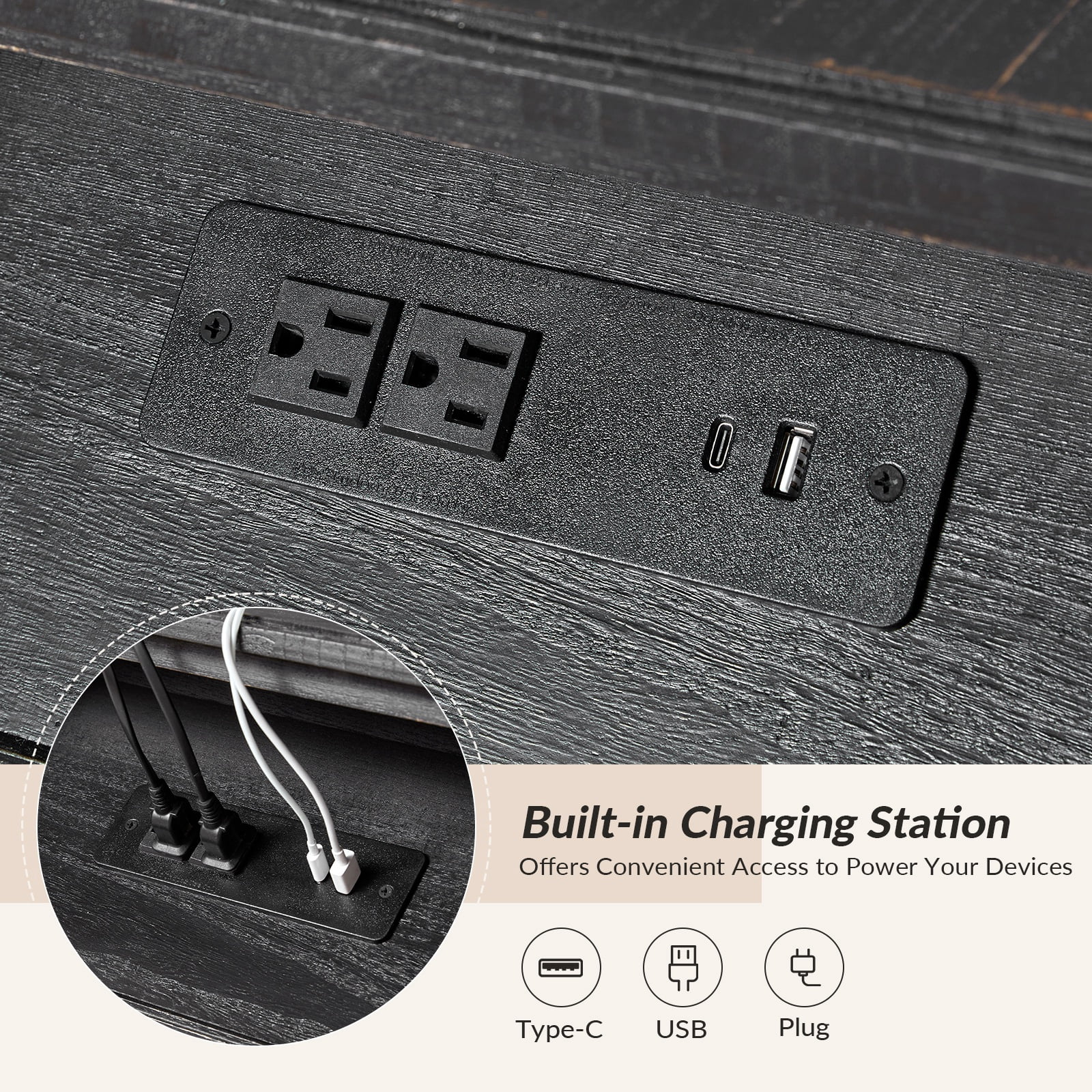 26" Modern End Table Solid Wood Set of 2 with Drawer Tray USB for Living Room Charcoal