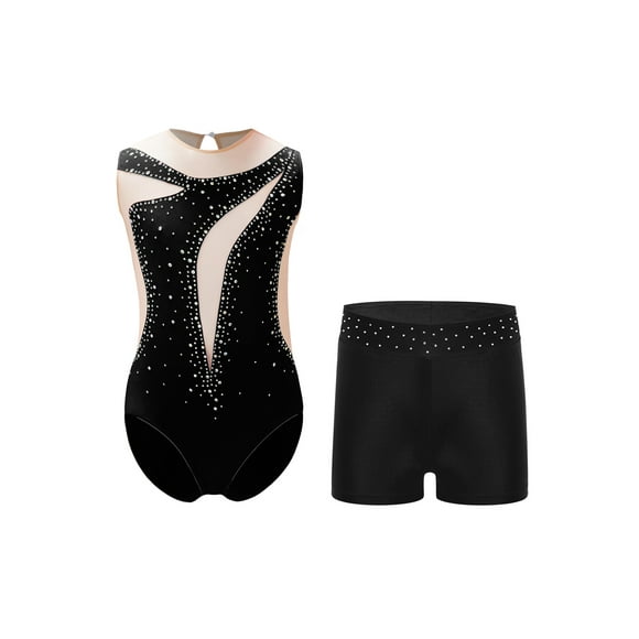 iefiel Kids Girls Shiny Diamond Sleeveless Gymnastics Ballet Dance Leotard Skating Jumpsuit Biketard Unitard with Shorts Set Black 14