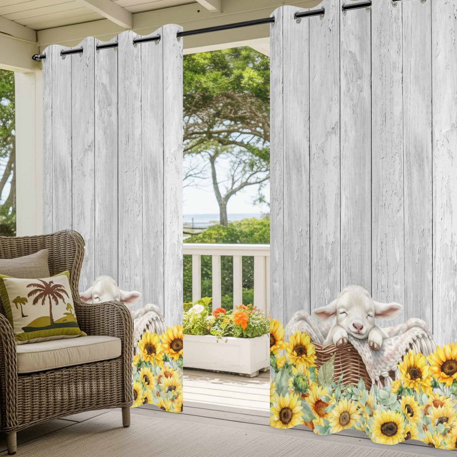 Farmhouse Outdoor Curtains for Patio, Farm Animals Cute Sheep Sunflower Wood Grain Sunshade Privacy Drapes Grommet Waterproof Outside Curtains for Porch/Cabana/Balcony 54"x 108", 1 Panel