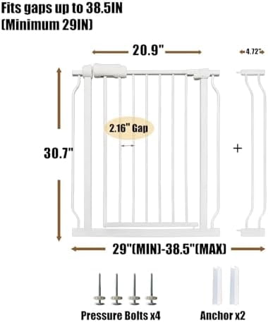 Walk Through Baby & Dog Gate 29-38.5 Inch, Pressure Mounted No Drilling, Adjustable Indoor Safety Gate for Stairs & Doorways - Metal Design for Kids and Pets, White