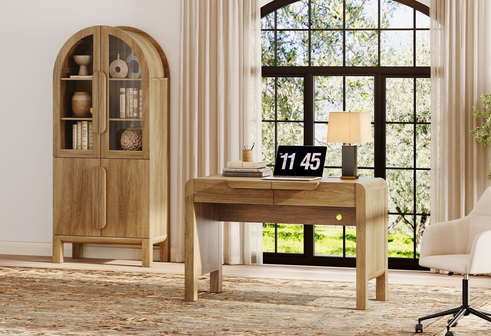 2 Piece Office Set, 47" Modern Executive Desk with Charging Station and Drawers & 71"H Tall 3-Tier Arched Bookcases with Glass Door for Living Room, Bedroom, Home Office