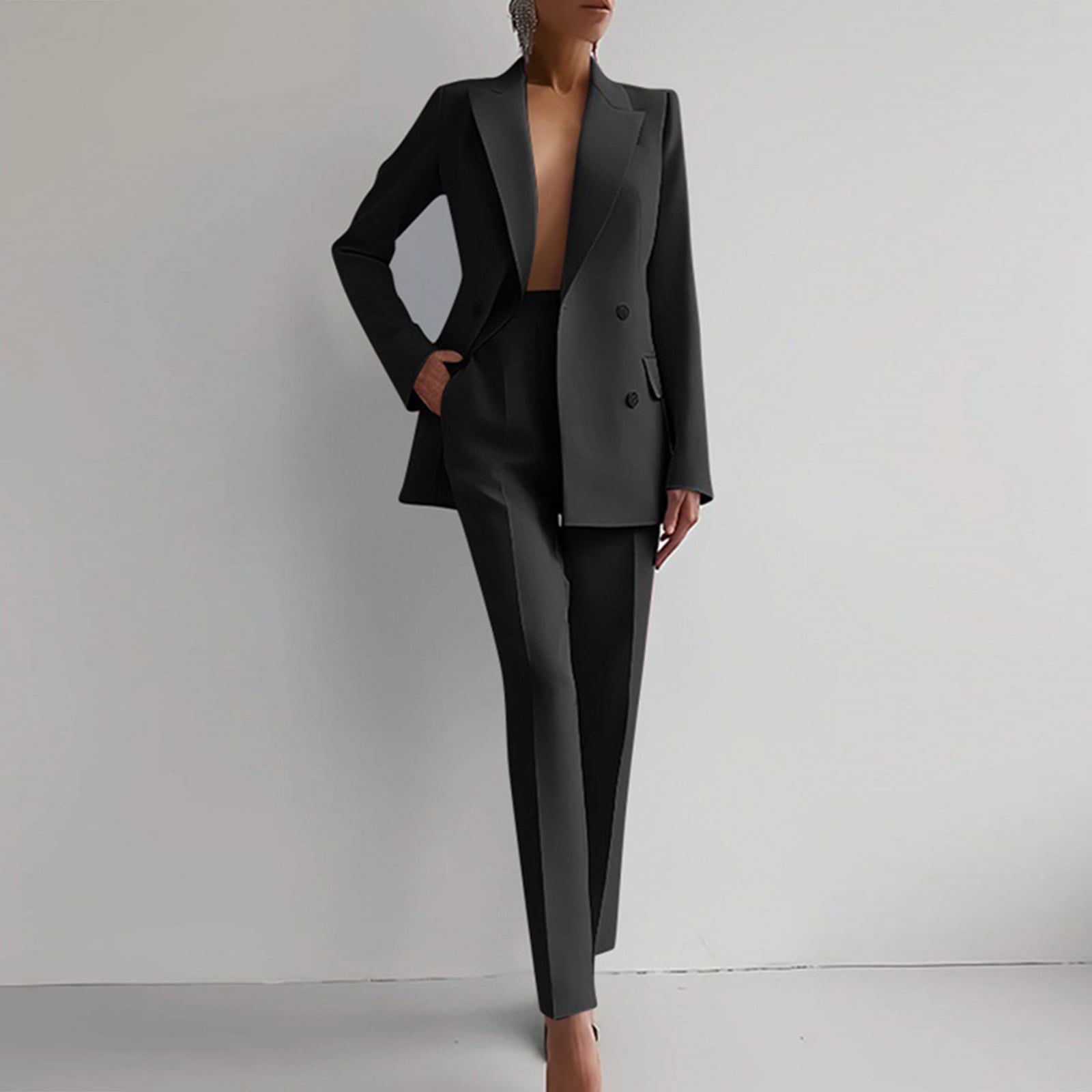 YUGYXL Womens 2 Piece Outfits Double Breasted Blazer and Straight Leg Work Pants Casual Blazer Set Dressy Business Office Suits Black XXL