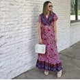 thumbnail image 4 of Vestido largo de fiesta en la playa con abertura y manga corta con cuello en V y estampado floral bohemio para mujer Zhivalor WMZY-781-24, 4 of 8