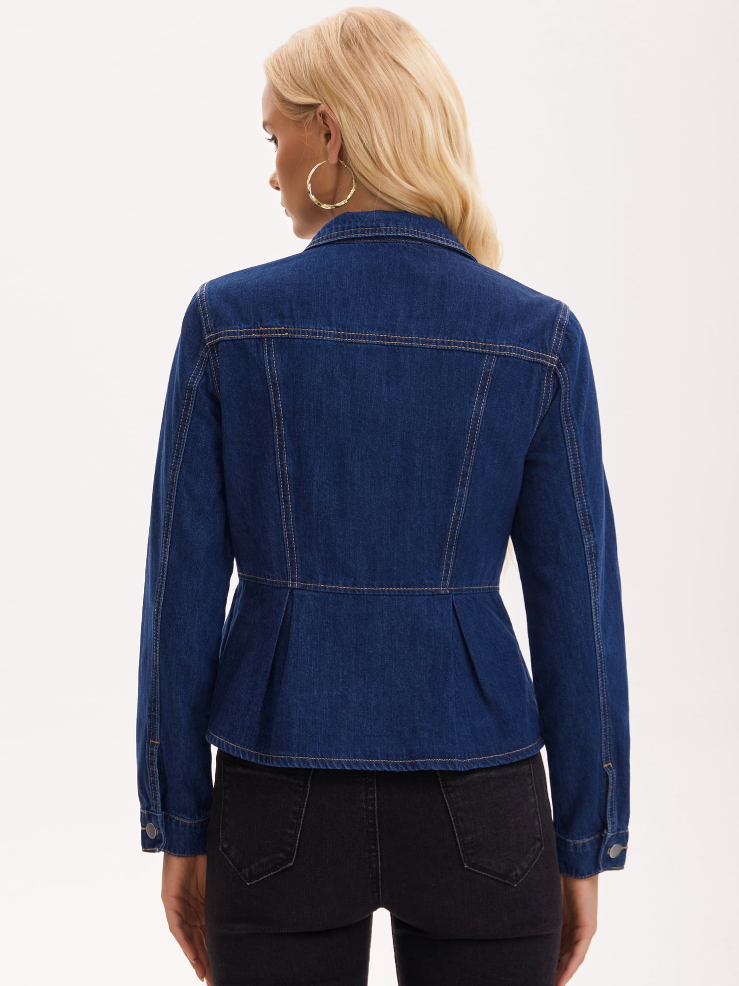 DARING DIVA Women's Button Down Collar Ruffle Hem Peplum Jean Jacket S Dark Blue