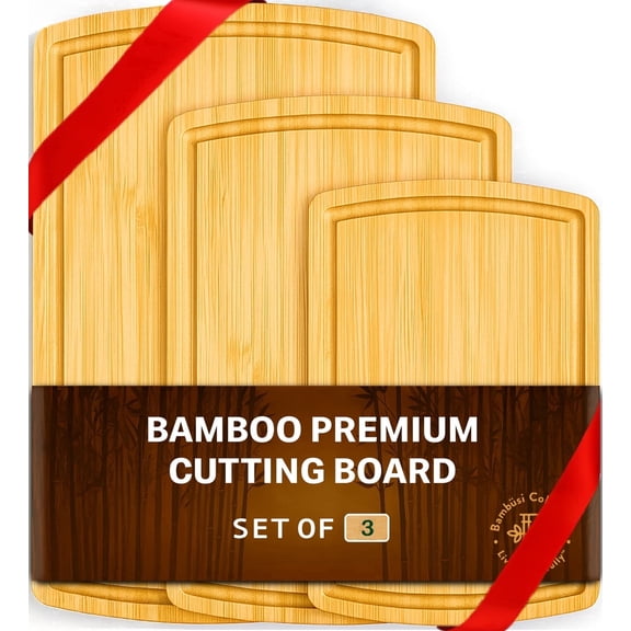 Bamboo Cutting Board Set of 3 with Deep Juice Grooves and Side Handles, Wooden Kitchen Chopping Boards