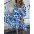 thumbnail image 5 of Womens Boho Midi Dress Summer V Neck Floral Print 3/4 Sleeve Casual Flowy Loose Fit Pleated Beach Sundress Blue S, 5 of 6