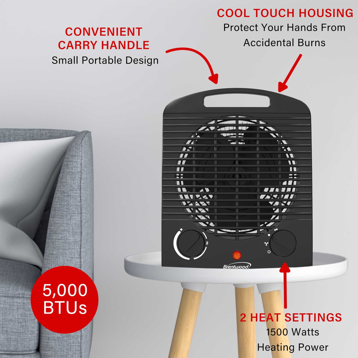Brentwood 1,500-Watt-Max Portable Electric Space Heater and Fan, Black, H-F306BK