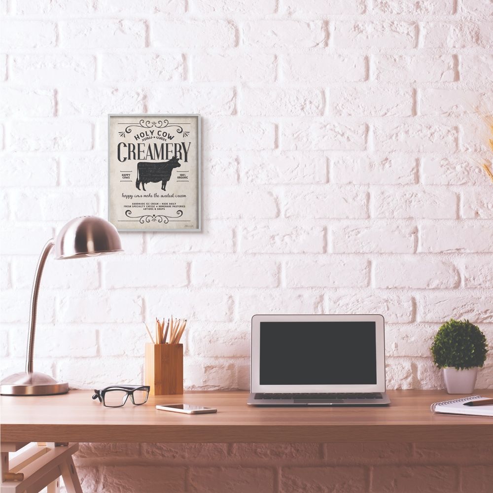 Stupell Industries Creamery Cow Rustic Farm Textured Word Design Gray Farmhouse Rustic Framed Giclee Texturized Art by Stephanie Workman Marrott