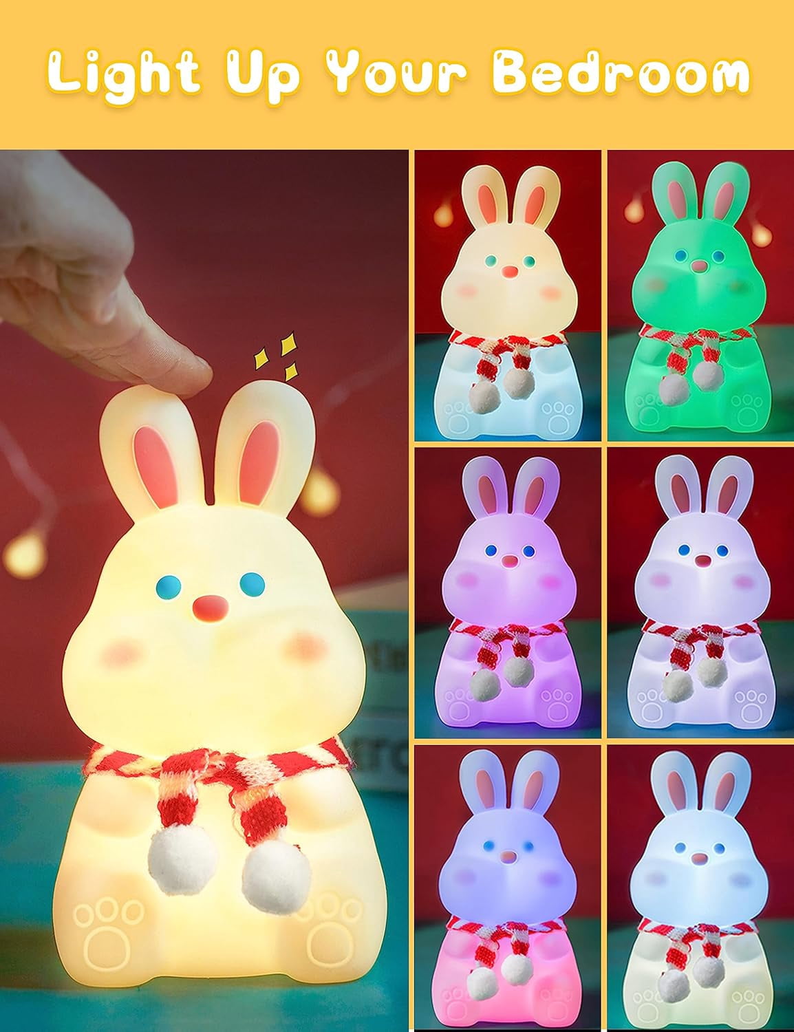 Cute Night Light, Bunny Night Light for Kids, Baby Night Light with Touch Sensor, 1W, USB Rechargeable, 2 Modes[Warm White and Color Gradient], Kawaii Room Decor for Kid's Bedroom, Nursery