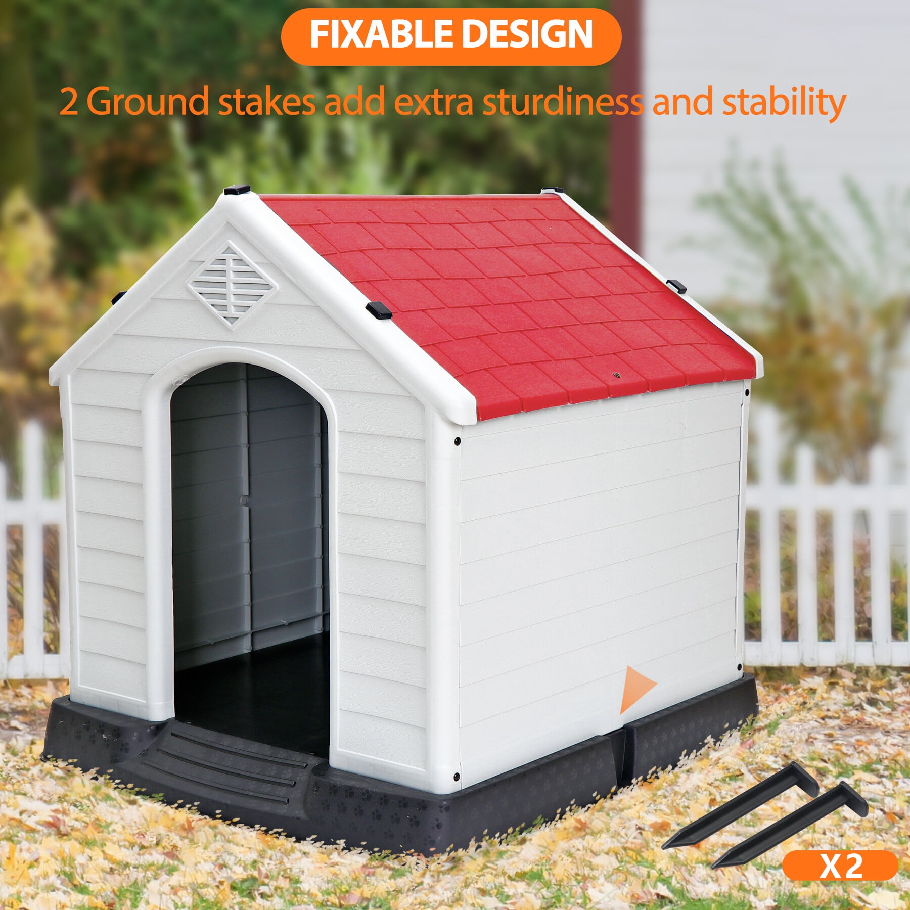 HomGarden 28-inch Plastic Dog House Medium Pet Puppy Shelter Waterproof Kennel Indoor Outdoor Red