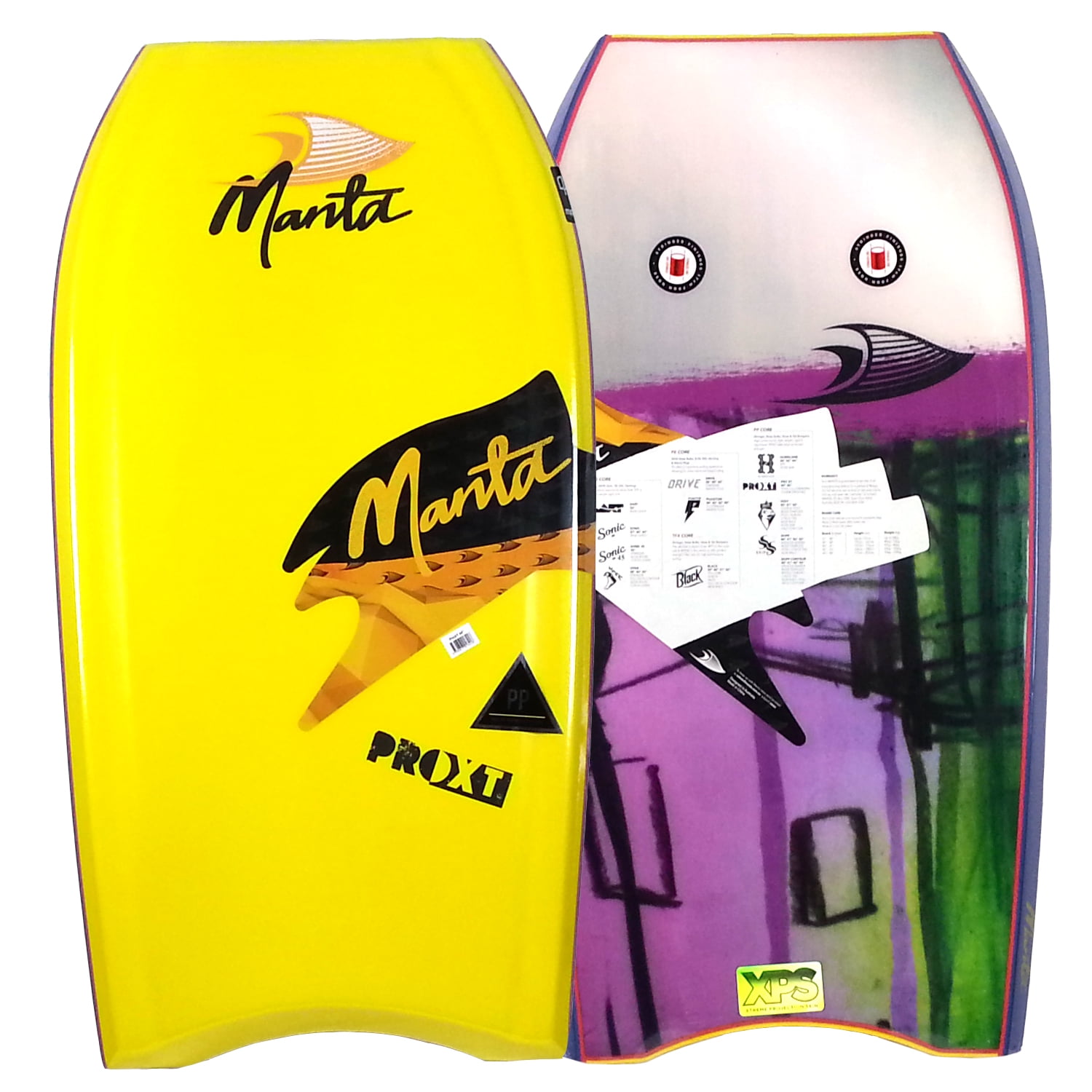 Manta Pro XT (44) Bodyboard Yellow deck, Blue rails, Graphic bottom
