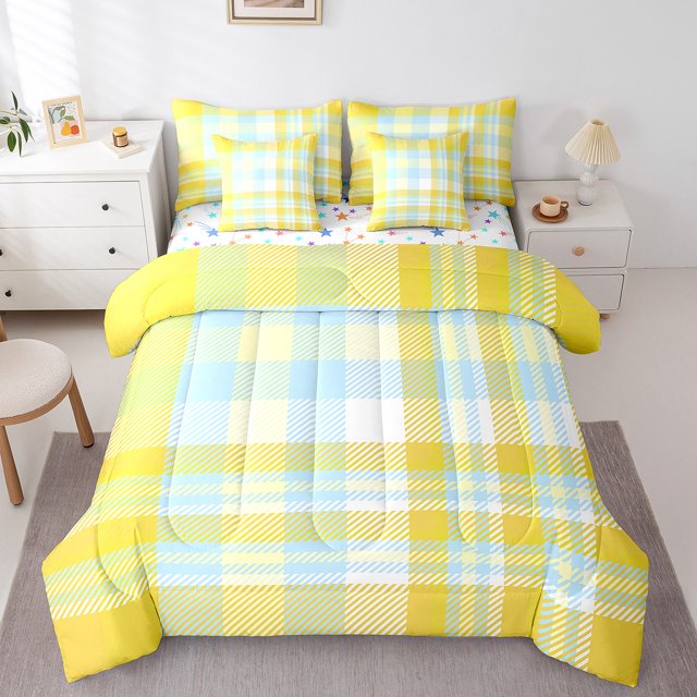 Erosebridal Orange Blue Grid Checkered Bed in a Bag King Size, Geometry Buffalo Bed Set, Reversible 7pcs