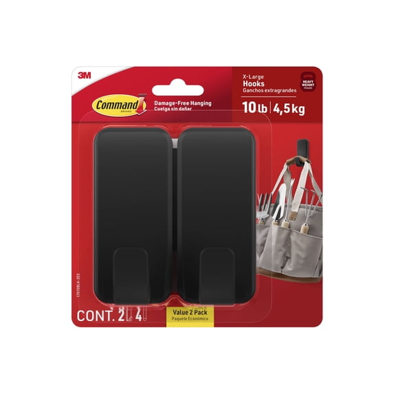 Command 10 Lb XL Heavyweight Wall Hook, Black, Damage Free Decorating, 2 Command Hooks