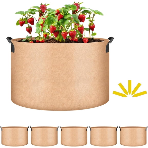 5 Pack 20 Gallon Grow Bags, 300G Vegetable/Flower/Plant Fabric Pots with Handles, Heavy Duty Thickened Nonwoven Planting Bag with 5 Pcs Plant Labels