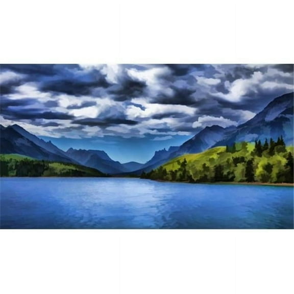 Painting of a lake and mountains in Waterton Lakes National park; Alberta  Canada Poster Print