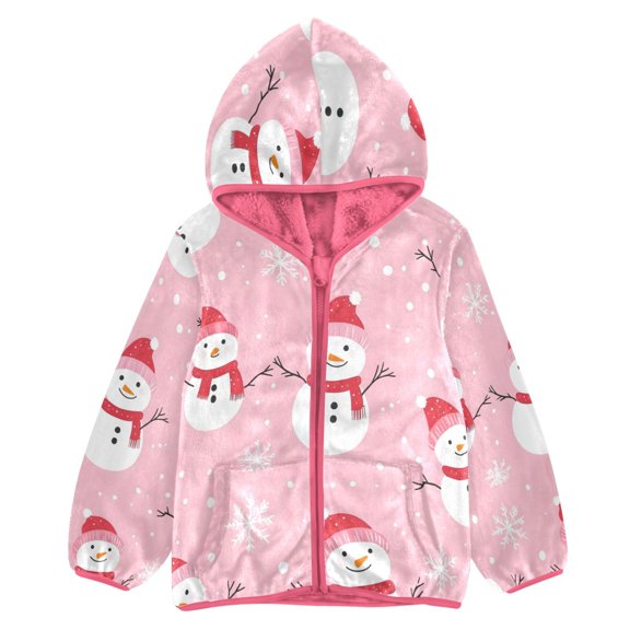 BZSMCE Double-Sided Sherpa Fleece Hooded Zipper Jacket Pink Pink Background Snowmen Snowflakes Print Warm Outerwear