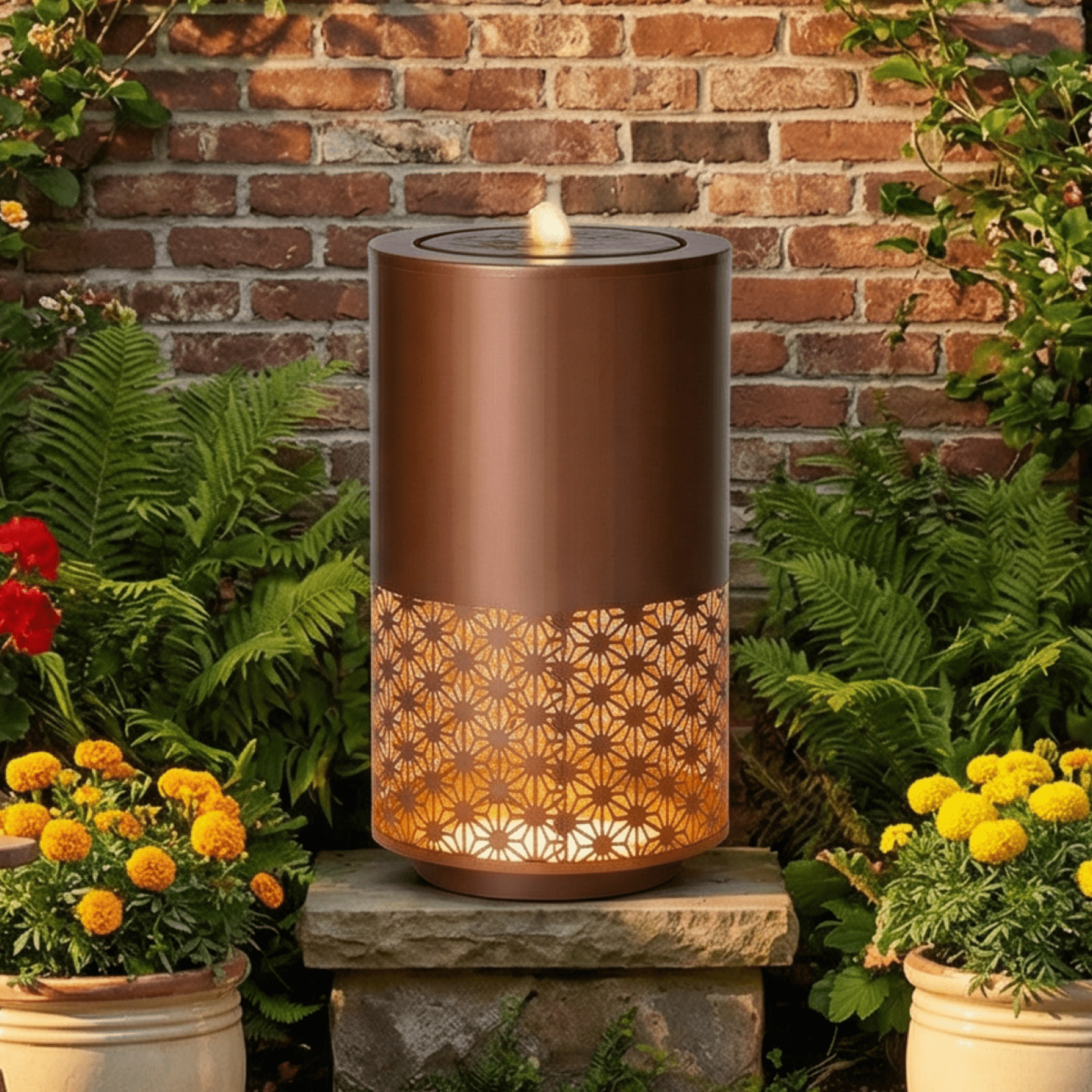 20.87'' H Brown Metal Cutout Outdoor Water Fountain with LED Lights, Modern Freestanding Candle Style Water Feature for Patio Backyard Decor,Brown