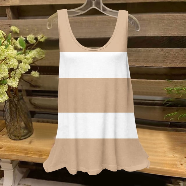 Clearance Staron Womens Summer Tops Casual Soft Trendy Tops Loose Fit Spring Summer Basic Sleeveless Shirts Flowy Striped Round Neck Blouses