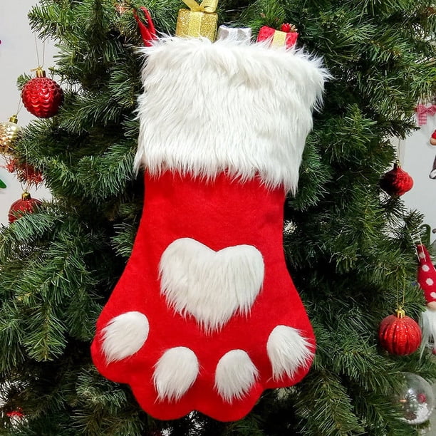 Xihbxyly Calcetines Navideños con Forma de Pata de Perro, Tejidos a Mano, Diseño Rojo y Gris, Decoración Festiva para Árbol, Bolsa de Regalo Navideña, Multiusos, 1 Bolsa de Regalo Navideña.