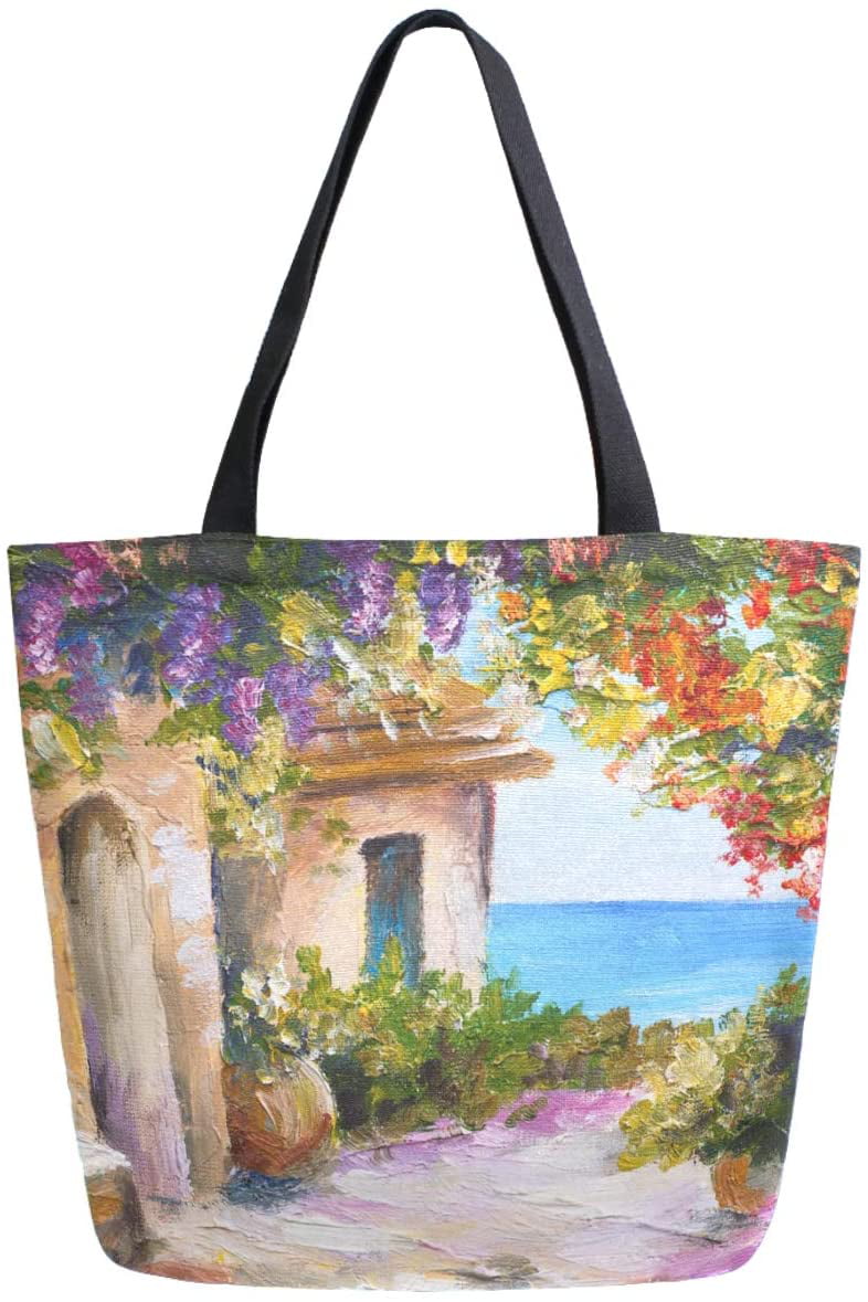 ZzWwR Chic Purple Flower Art Painting Print Elegant Extra Large Canvas Shoulder Tote Top Storage Handle Bag for Gym Beach Weekender Travel Shopping 