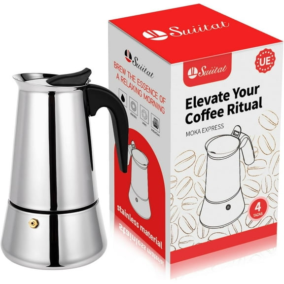 Moka Pot, 4 Cups (7.1 oz) Stovetop Espresso Maker, 304 Stainless Steel Moka Pot, Induction Compatible, Silver