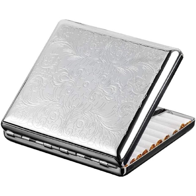 Caja para cigarrillos de metal de cobre puro arabesco tallado, con capacidad para 20 cigarrillos, color plateado