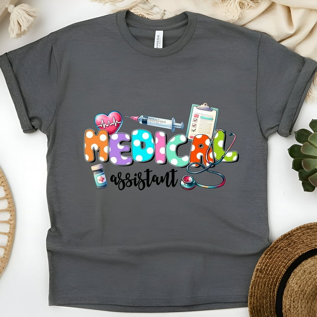 Chemise d'Assistante Médicale / T-Shirt Coloré pour Travailleurs de la Santé, Gris Foncé, Taille P