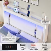 Homfa Queen Bed Frame with LED Headboard & Charge Station & 2 Storage Drawers, PU Leather Upholstery Adjustable Platform Bed Frame, White
