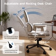 HomeZeer Executive Mid Century Modern Office Chair, White Linen Fabric with Memory Foam Wide Seat, Split Back, Padded Arms & Adjustable Height, Vintage Desk Chair for Home Office, Wheels Included