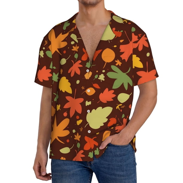 Fotbe Autumn Leaves Camisa Estampada de Manga Corta para Hombre, Casual de Verano, Estilo Playero, Sin Arrugas-Small