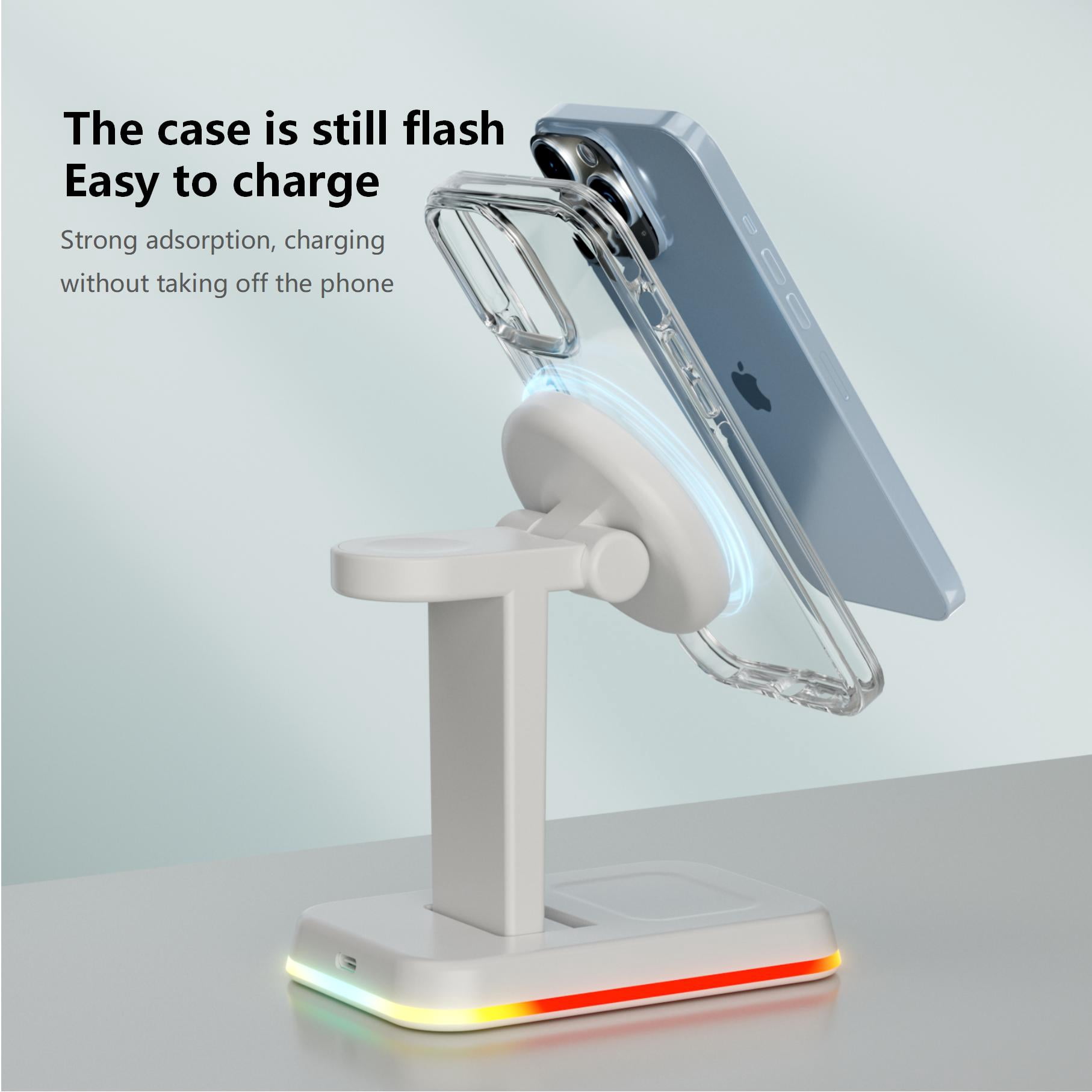 3‑in‑1 Magnetic Wireless Charging Station White, 15W Fast Charger for Phone Earbuds Watch, Foldable Adjustable Stand, USB‑C Cable Included