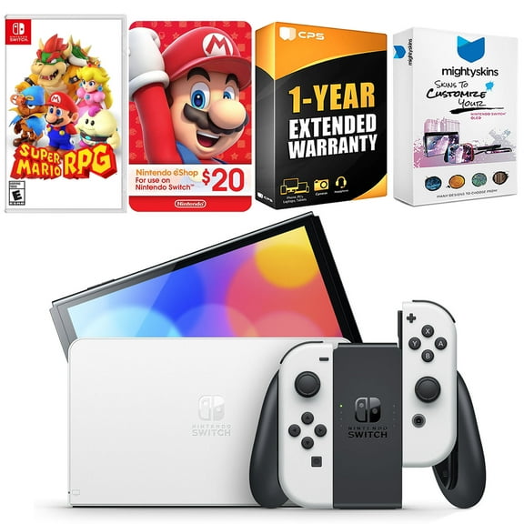 Nintendo Switch White OLED Console with Super Mario RPG , Nintendo $20 eShop Gift Card, MightySkins Console and Controller Skin Voucher, and 1 Year CPS Extended Warranty