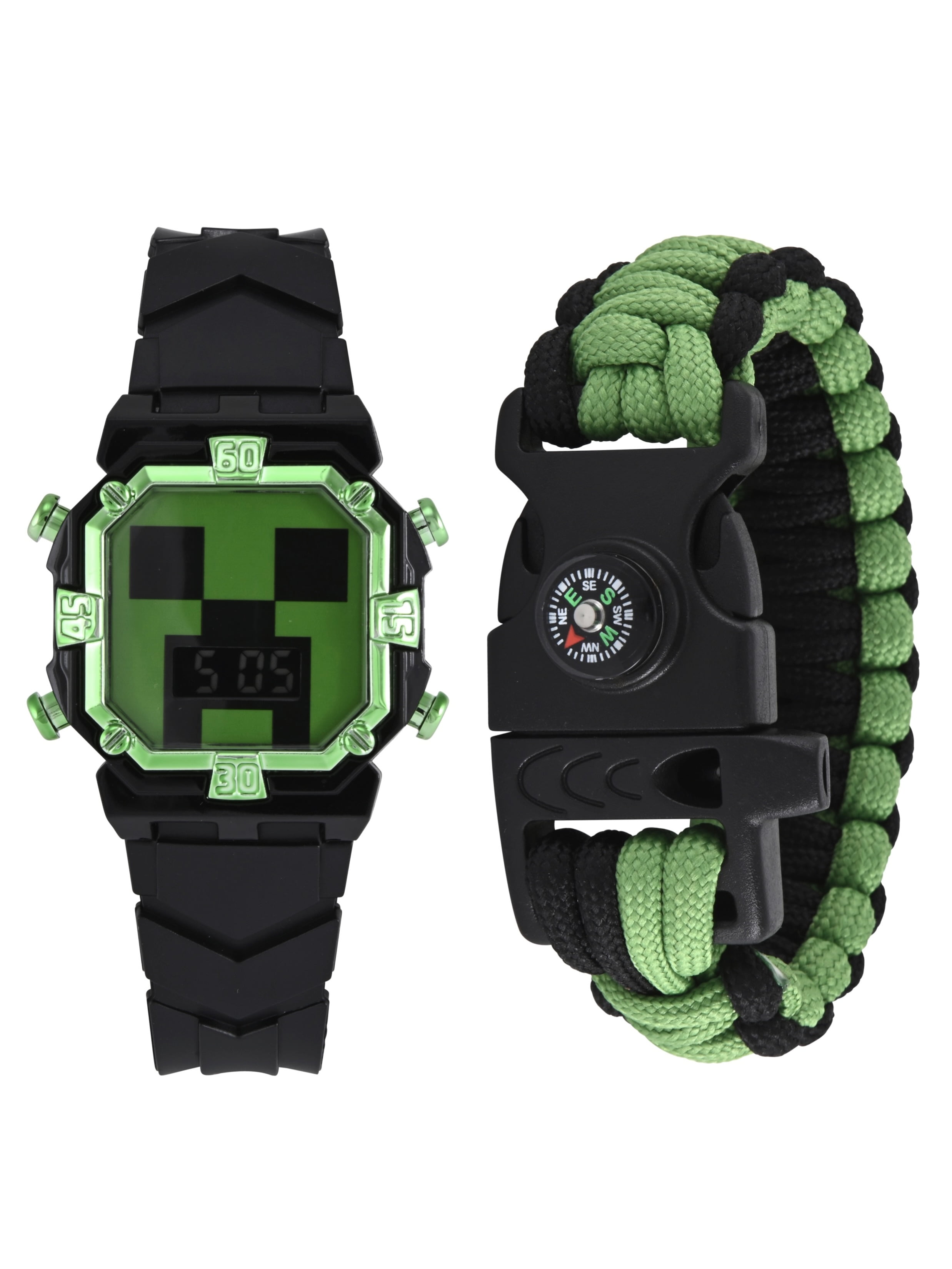 Minecraft Boys Black Silicone Strap Watch With Green Metallic Bezel and Matching Survival Bracelet; MIN40139WM