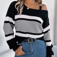 thumbnail image 4 of WREESH Fashion Pullover Off Shoulder Sweater Women's Casual Contrast Striped Lantern Sleeves Off Shoulder Pullover Sweater Top Sweater Gray, 4 of 7