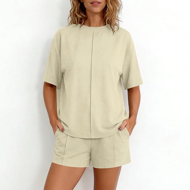 Pantalones Verde Olivo Mujeres Moda Color Sólido Manga Corta suelta Cuello Redondo Túnica Top y Shorts Set Túnica Conjunto para Mujeres