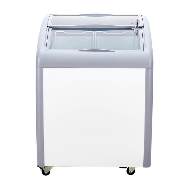 KFFKFF Professional Ice Cream Showcase, 5.4 Cubic Feet Storage Freezer, Dining Establishment Sorbet Serving Cabinet with 2 Mesh Baskets, 2 Retractable Glass Doors, Secure Wheels, in White