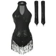 thumbnail image 3 of YONGHS Robe de Danse Jazz Latine à Franges pour Femmes Jupe Justaucorps Rumba avec Gants Noir TTG, 3 of 5