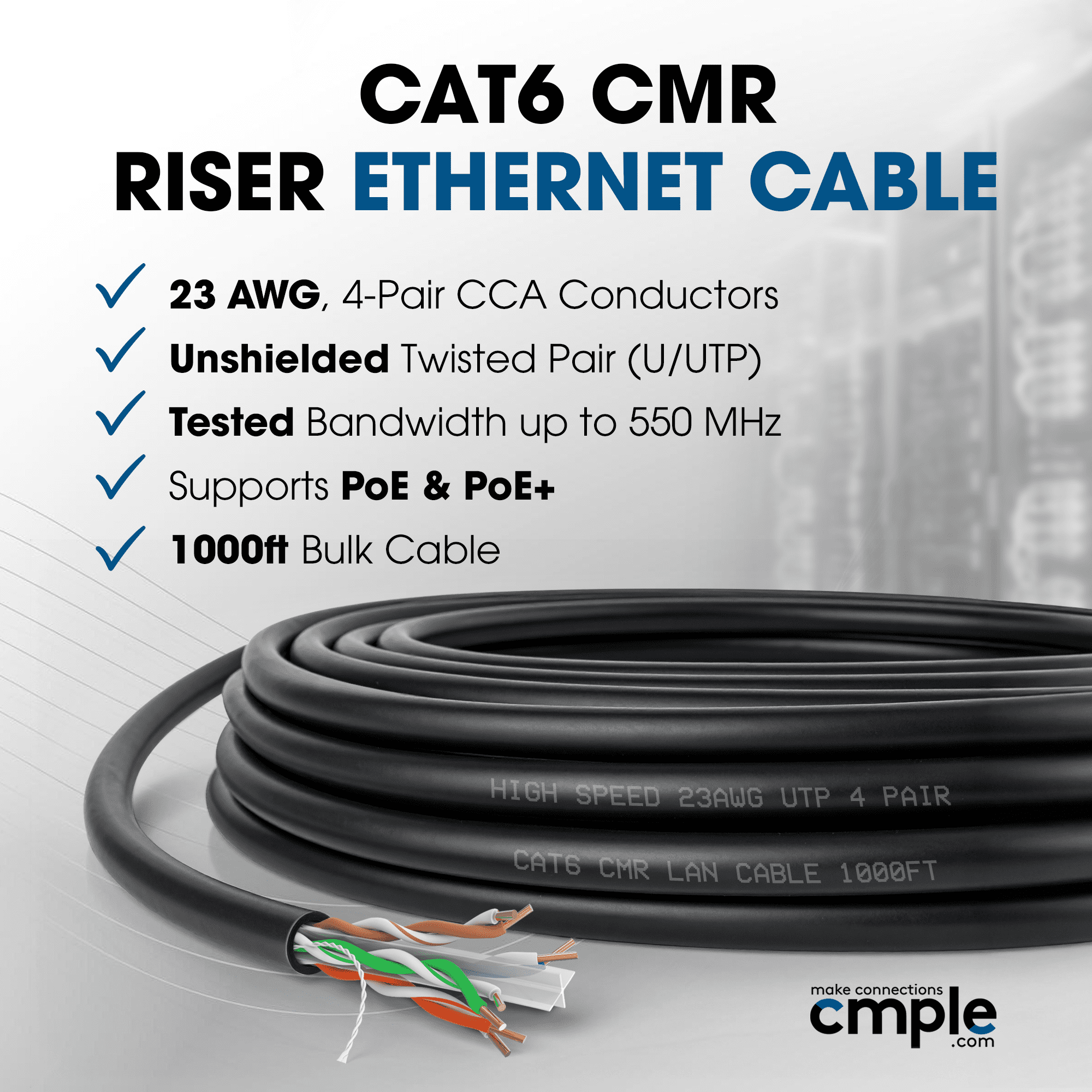 Cmple - Cat6 Cable 1000ft Bulk Lan Ethernet Cat 6 Wire Network UTP 23AWG CMR Riser 10Gbps 550 MHz Pull Box 1000 Feet, Black