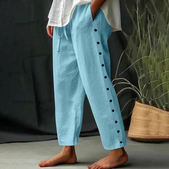 Sevevn Fashion Women Summer Elastic Waist Pocket Pants Casual Bandage Button Solid Full Length Pant Blue XXL Summer Deals