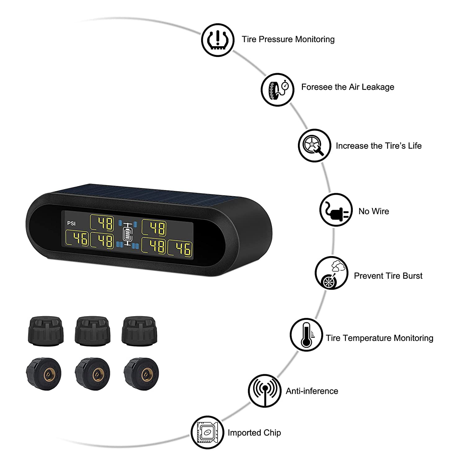 6 Alarm Function and Real-time Display Tire Pressure and Temperature. with 6 Tire Pressure Sensors B-Qtech Tire Pressure Monitoring System for RV Trailer Solar/USB Charging TPMS Wireless Monitor 